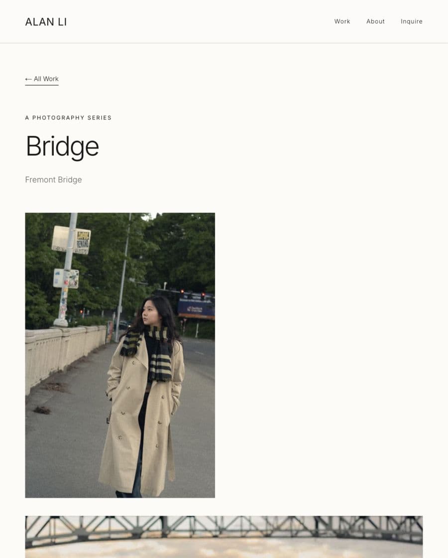 Local preview of the Bridge series page, showing its title, location and photographs at their original proportions.
