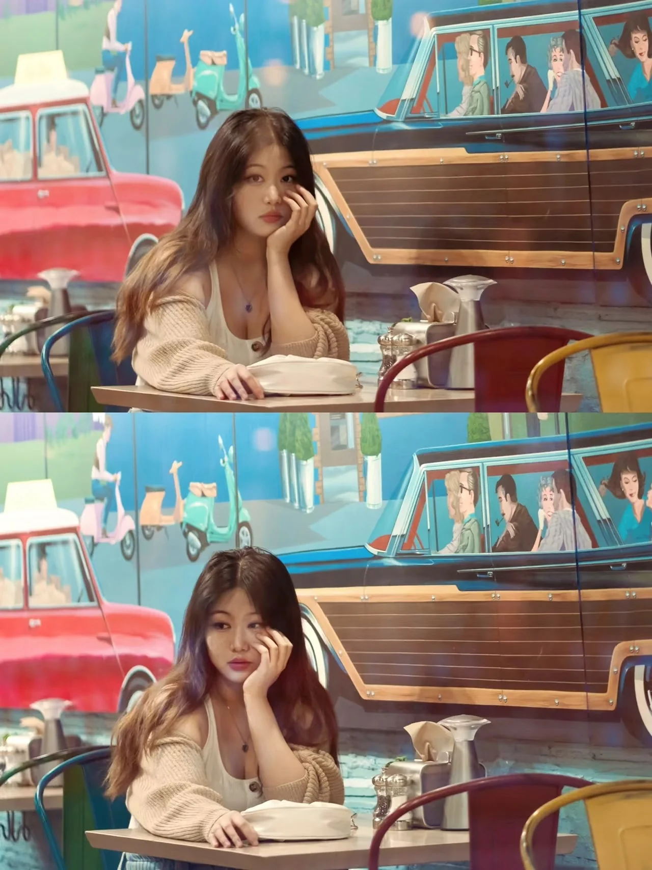 A two-panel portrait of a woman seated against a colorful café mural