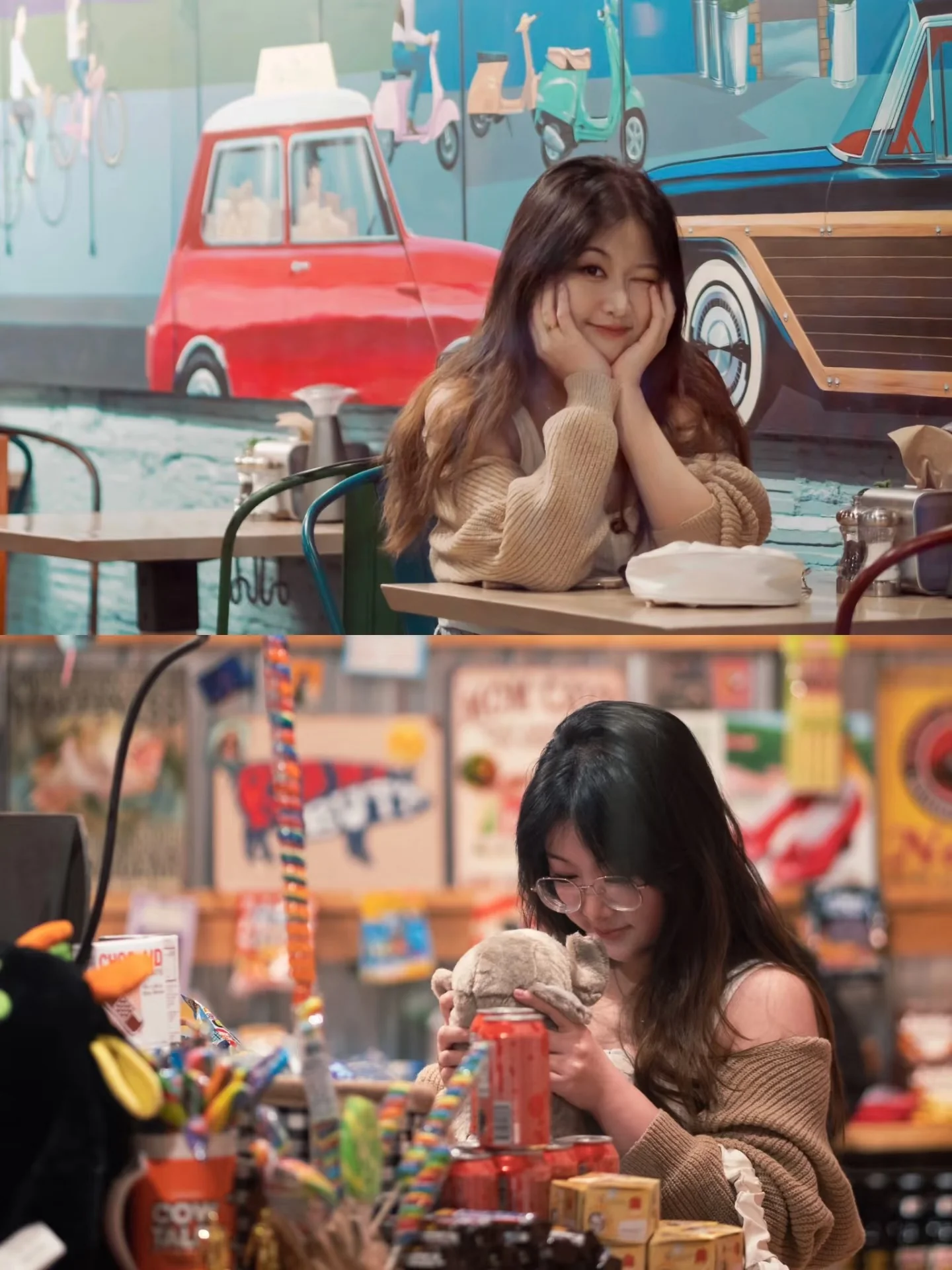 A two-panel portrait at a café table and inside a colorful shop
