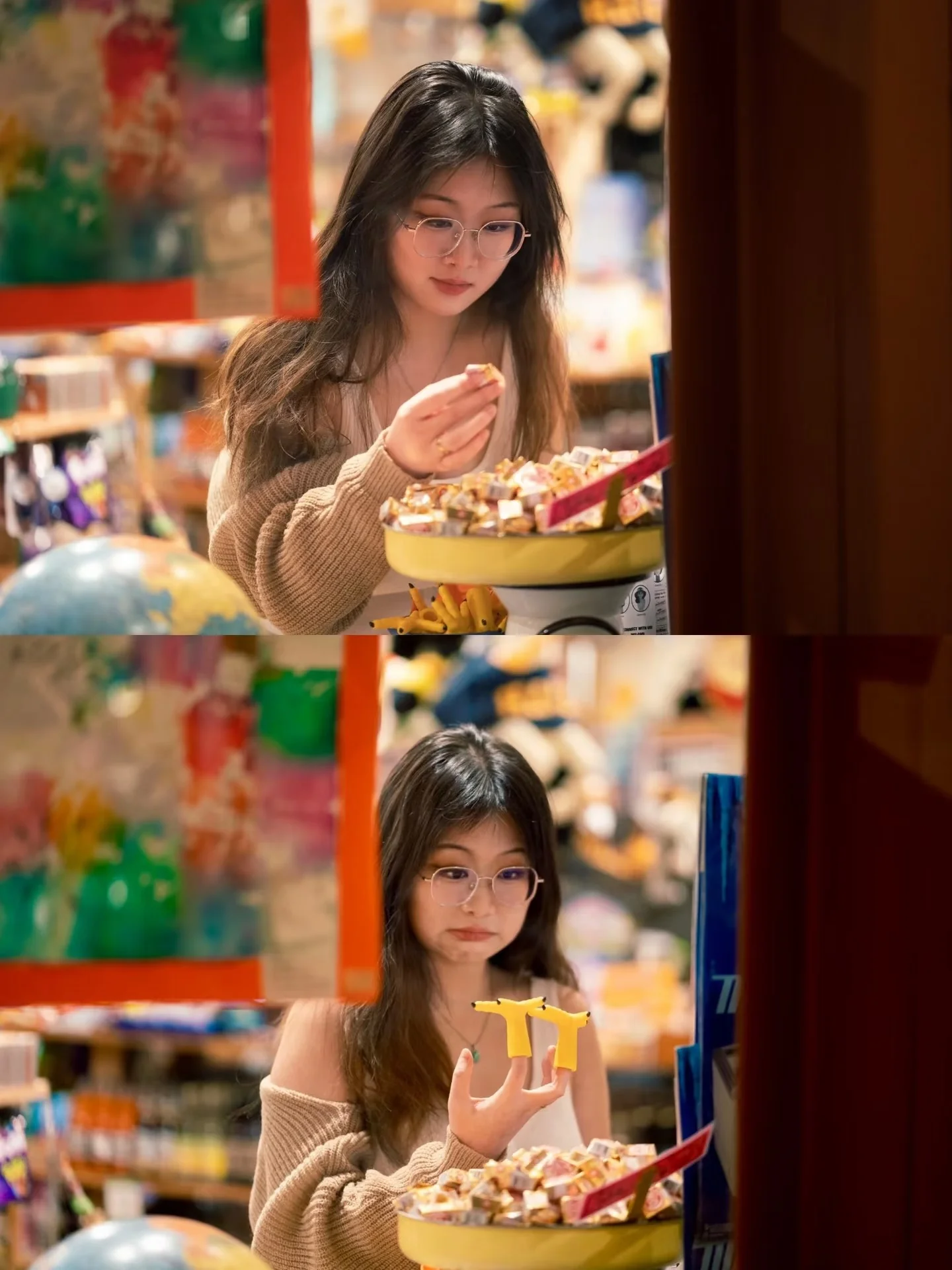 Two portraits of a woman browsing small objects in a brightly colored shop