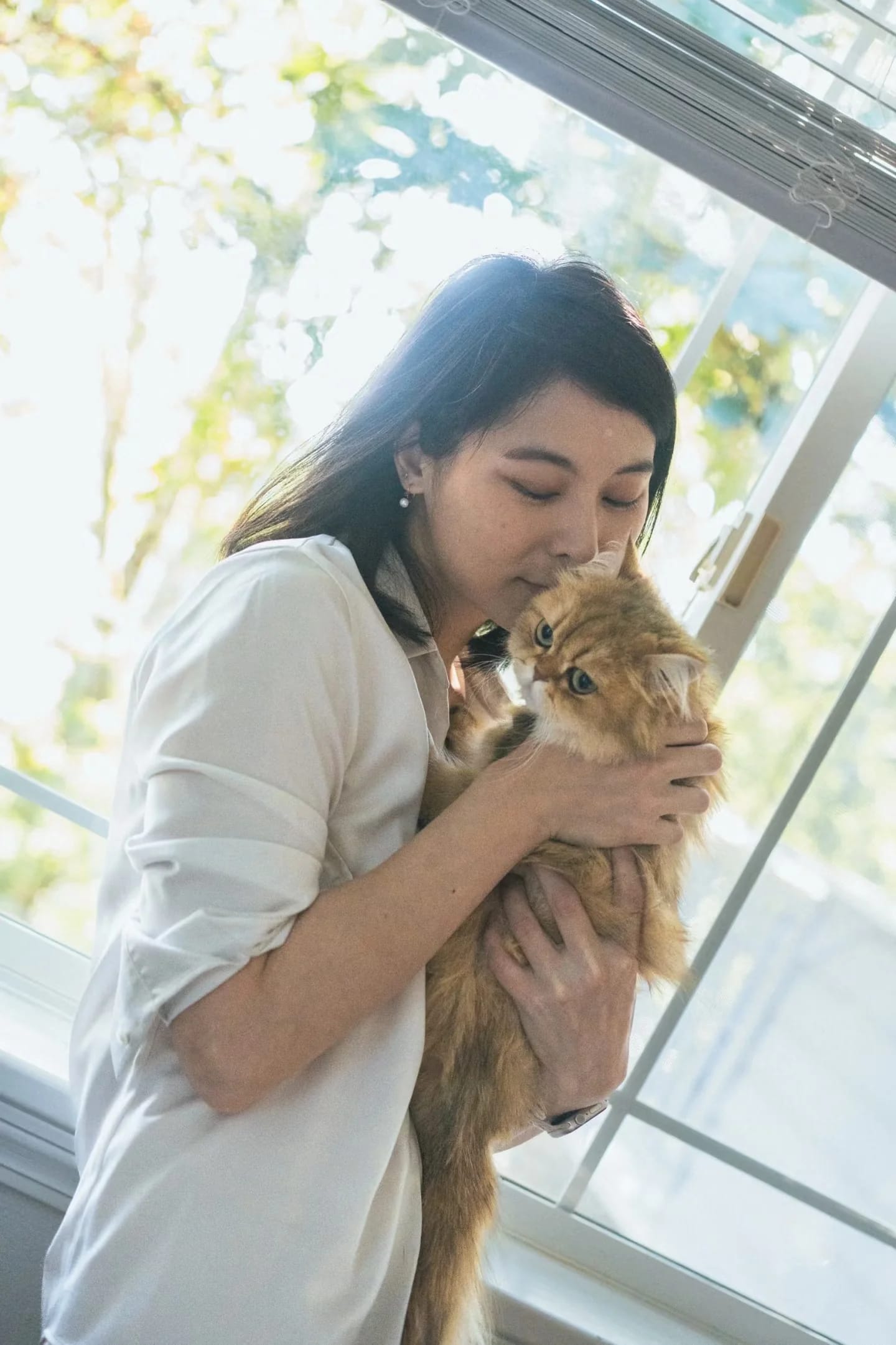 A woman in a light blue shirt cuddling an orange cat by a window
