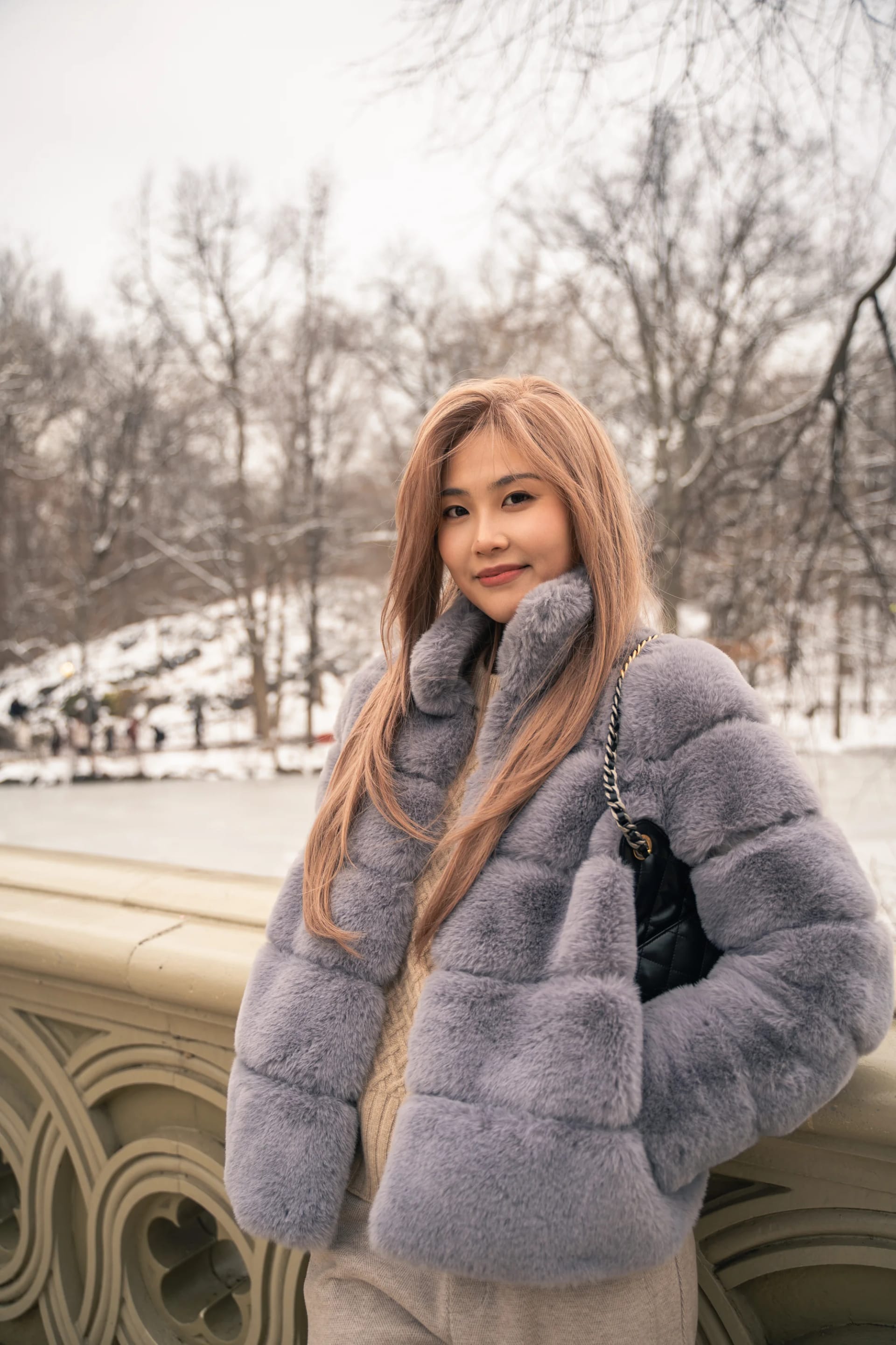 A woman leaning against a stone bridge railing in the snow