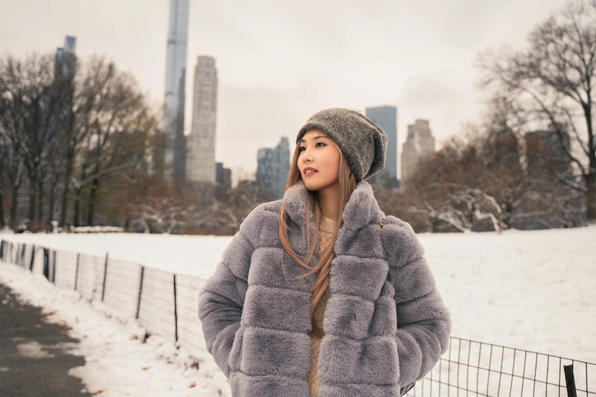 A woman looking across the snow beside a park fence