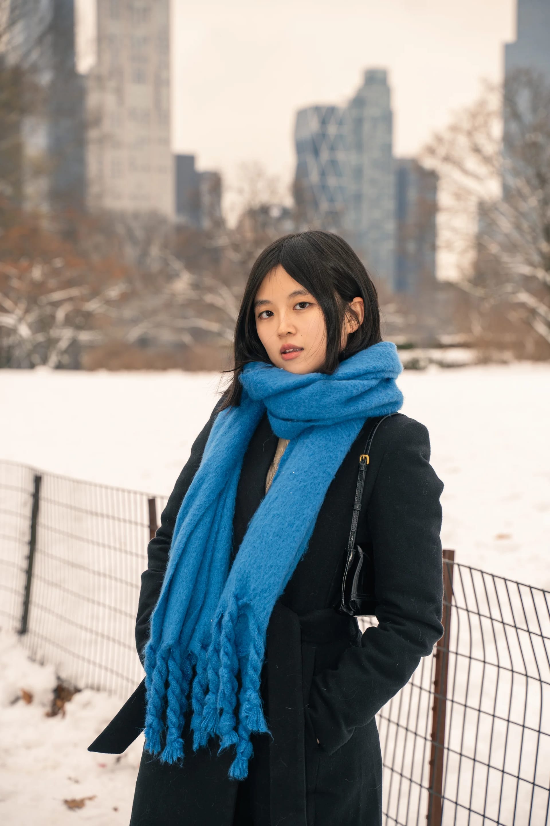 A woman in a blue scarf against a snowy park and city skyline