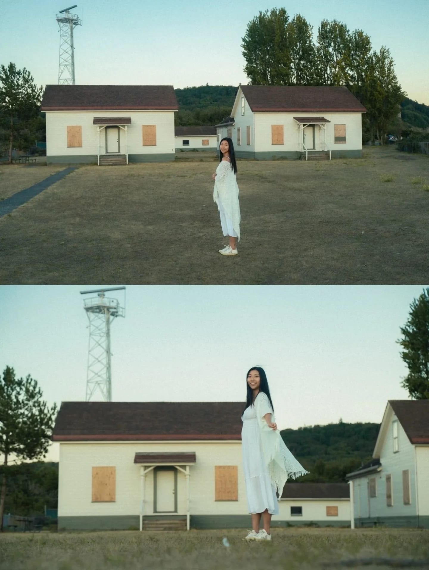Two portraits of a woman in front of a low white coastal building