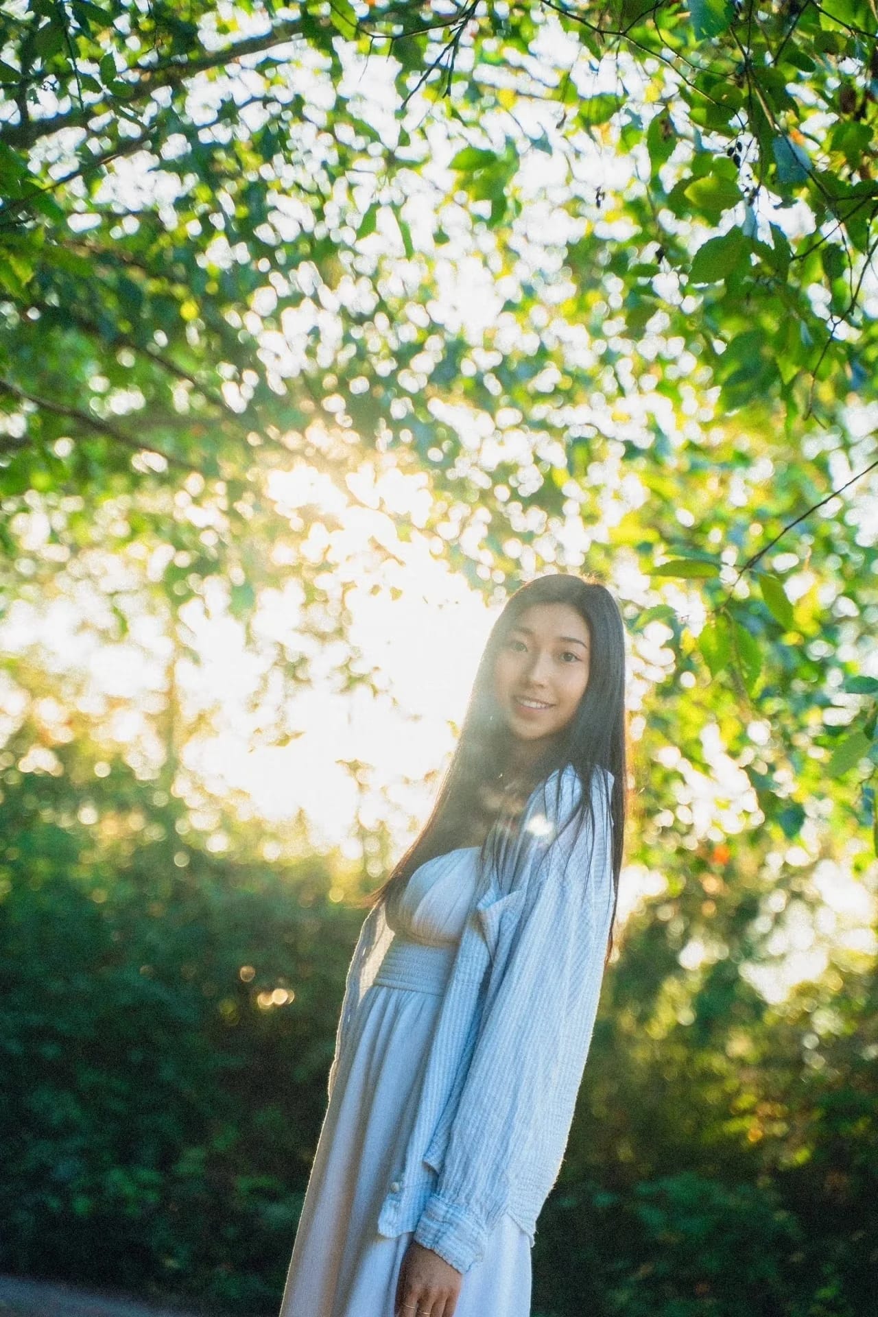 A woman in a light dress backlit by leafy branches