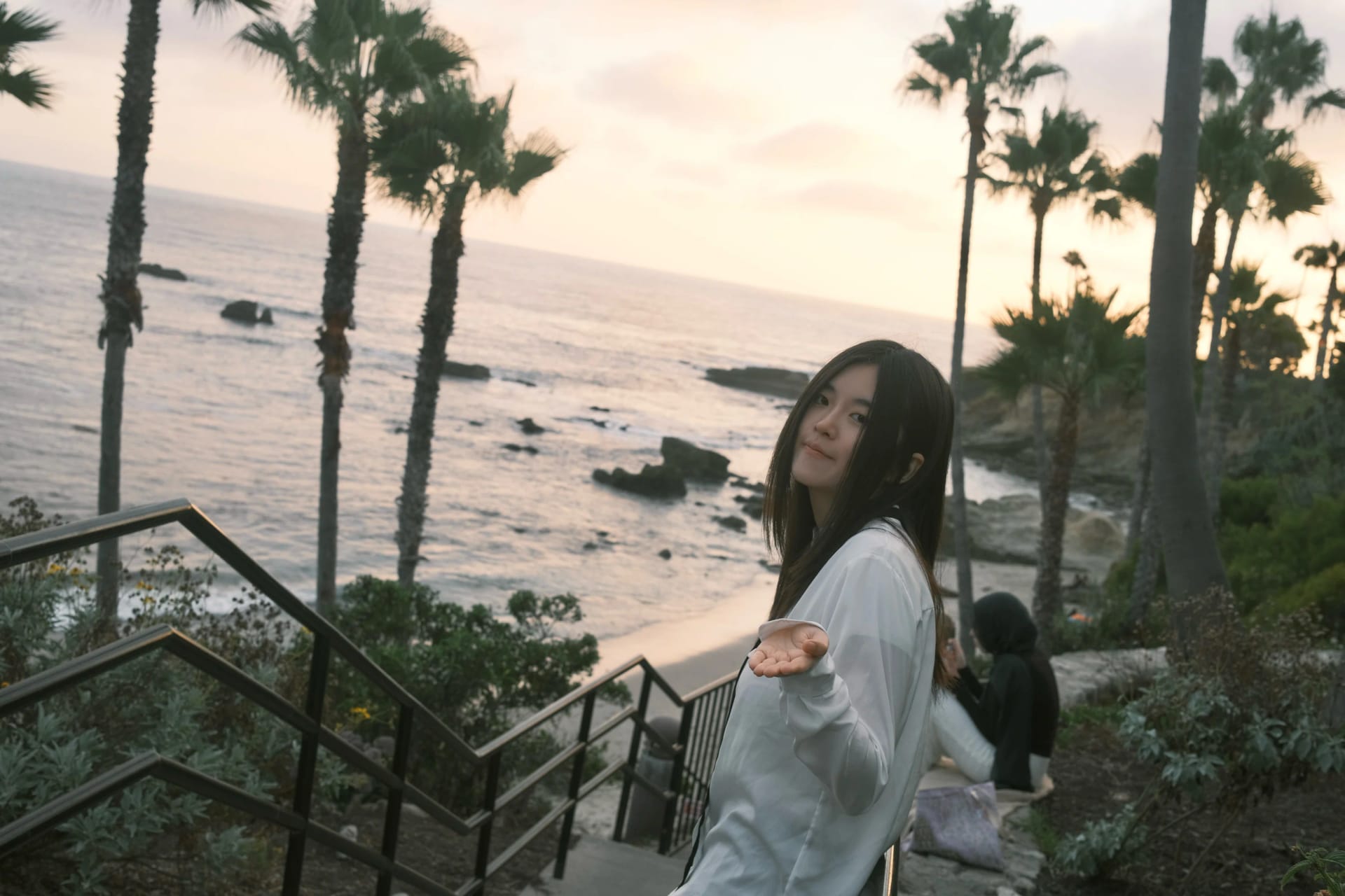 A portrait beside the ocean and palm trees at sunset