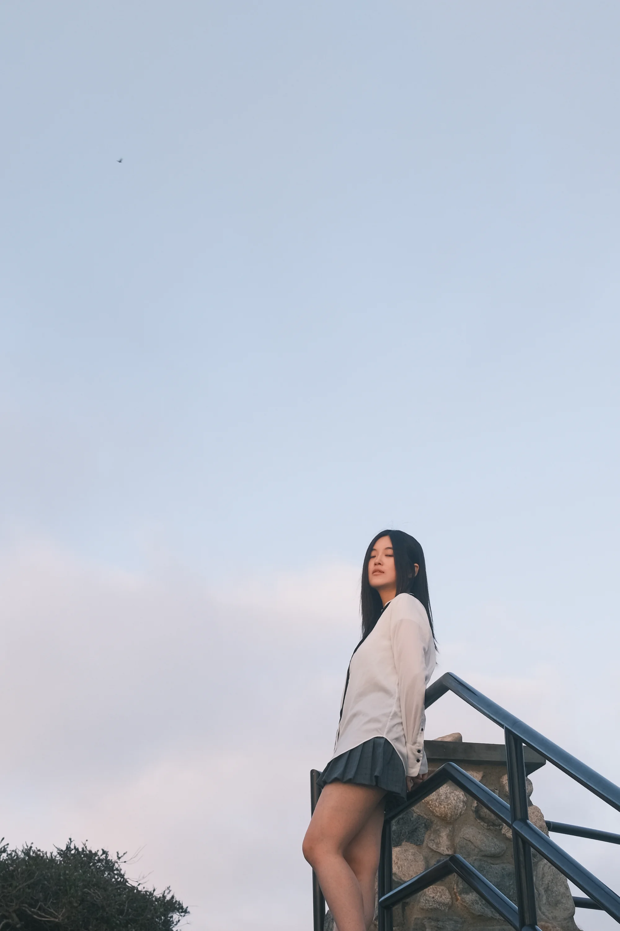 A full-length portrait on outdoor steps against a pastel sky