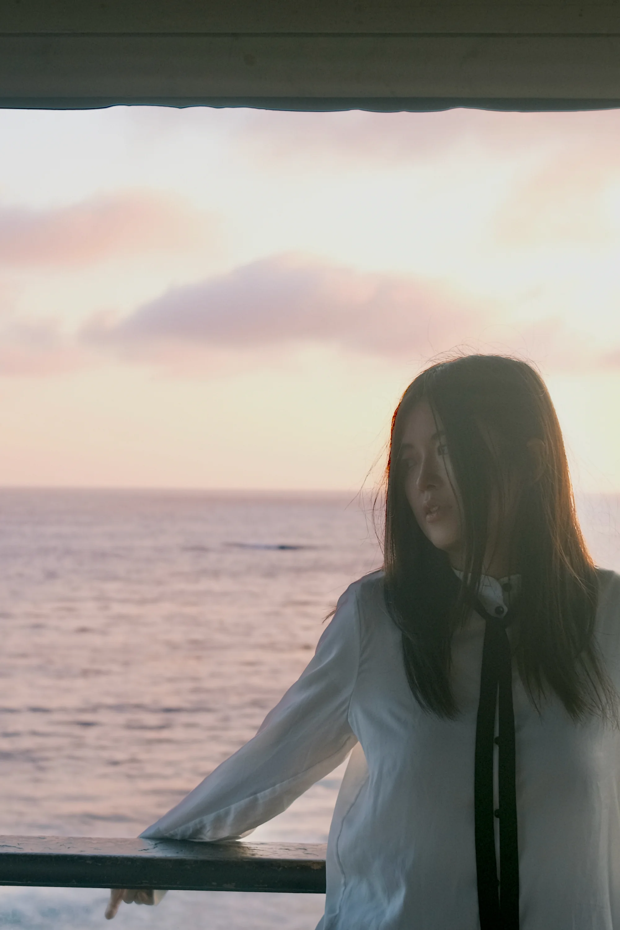 A portrait by an open window overlooking the sunset ocean