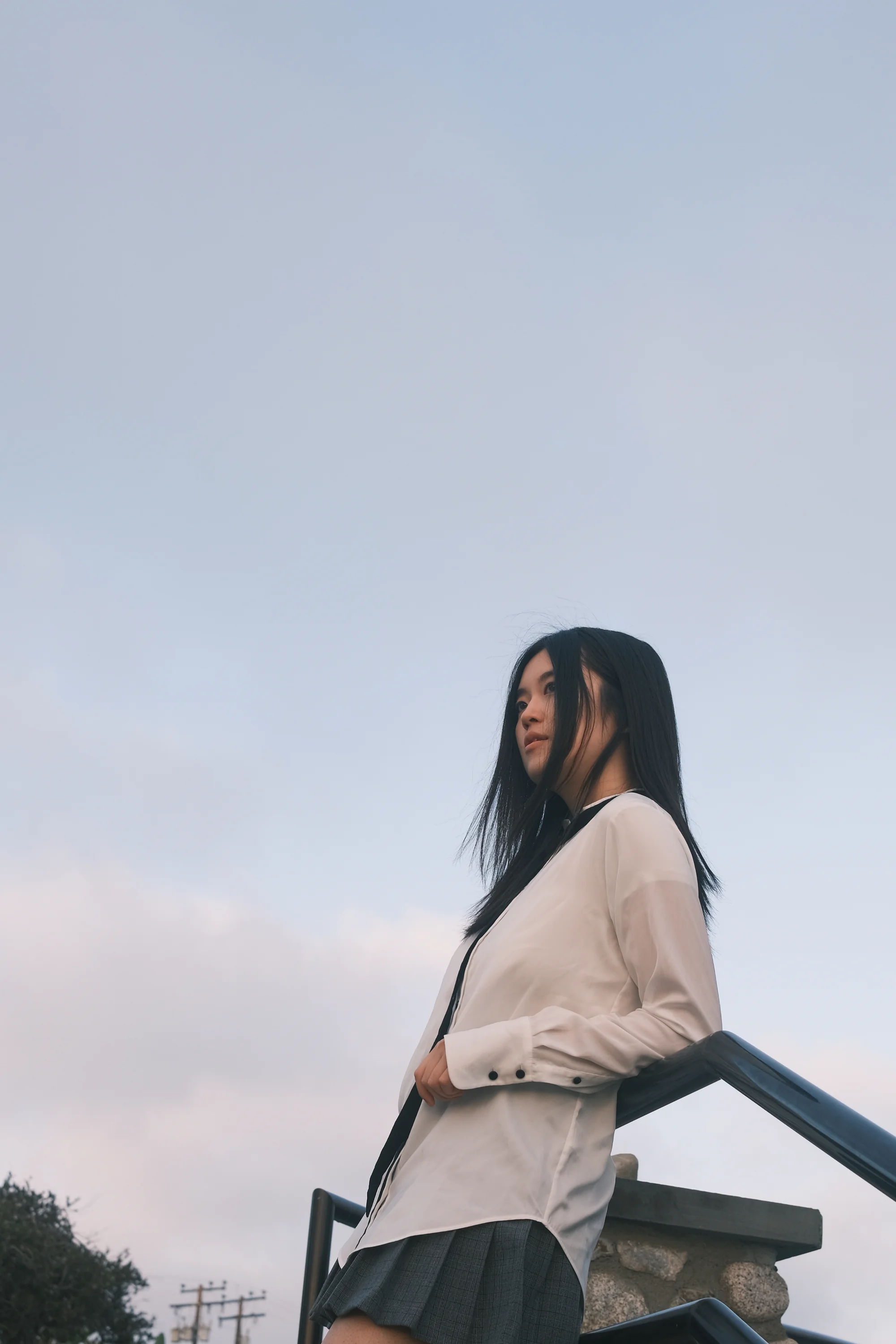 A portrait on a stairway beneath a pale evening sky