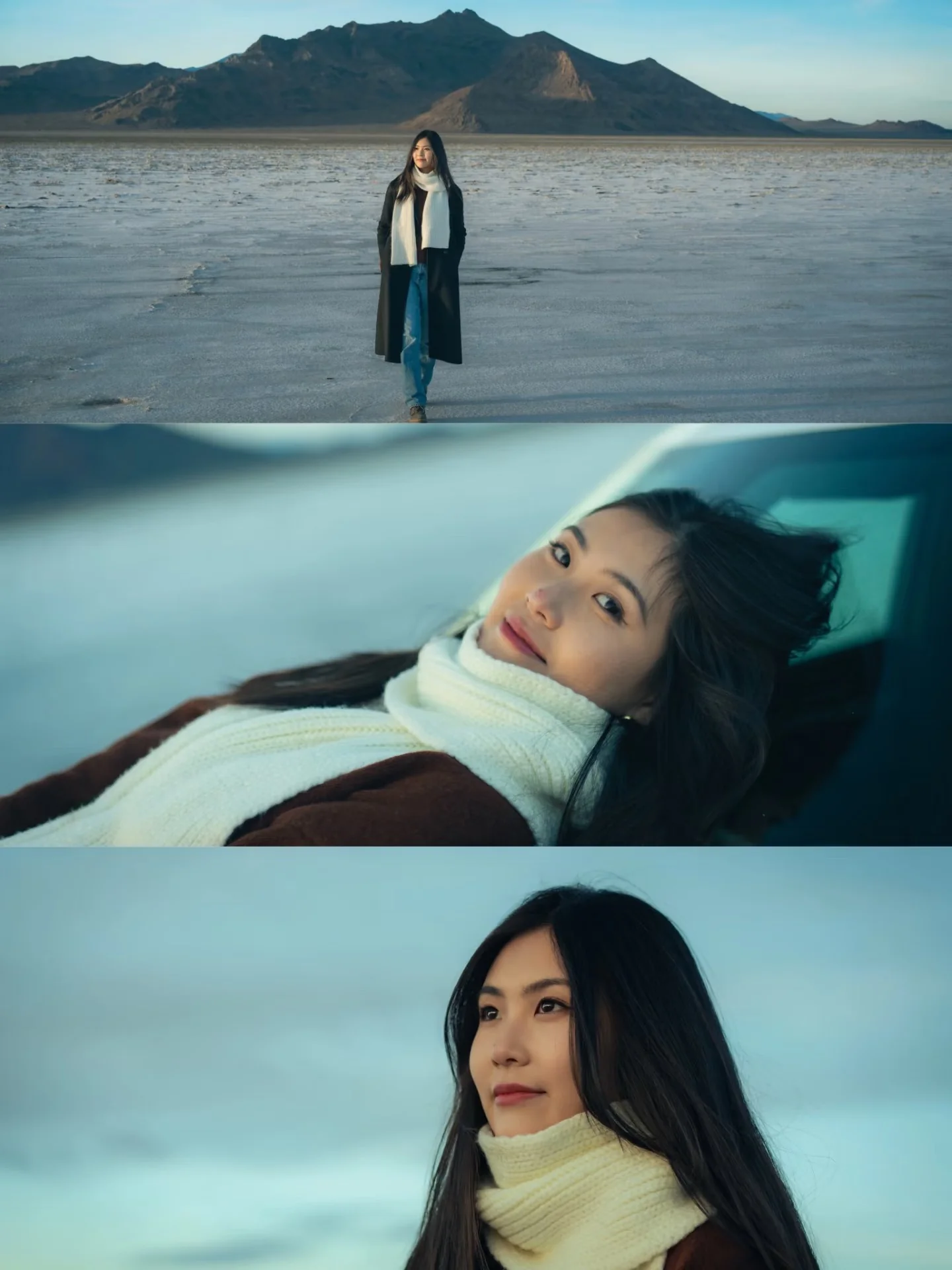 A three-panel portrait across salt flats, a car interior, and a mountain horizon