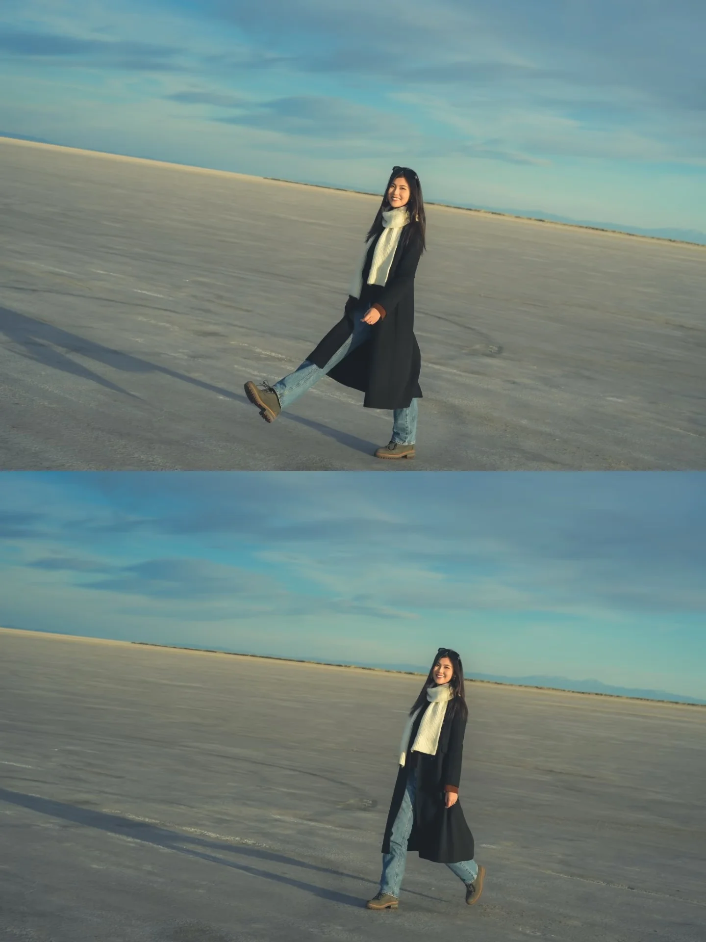 Two portraits of a woman walking across open salt flats